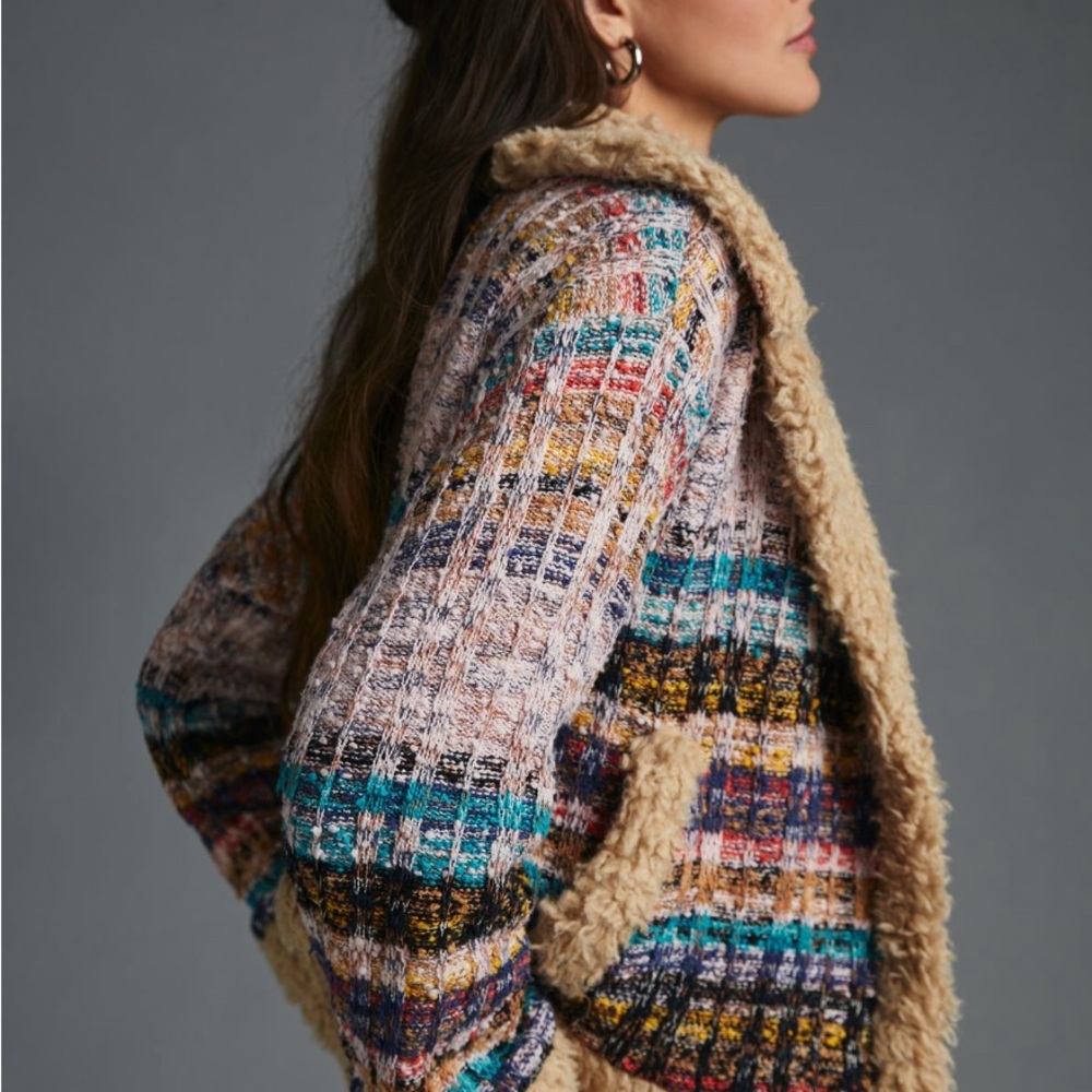 Anthropologie Multicolor open front sweater Jacket with Faux Fur